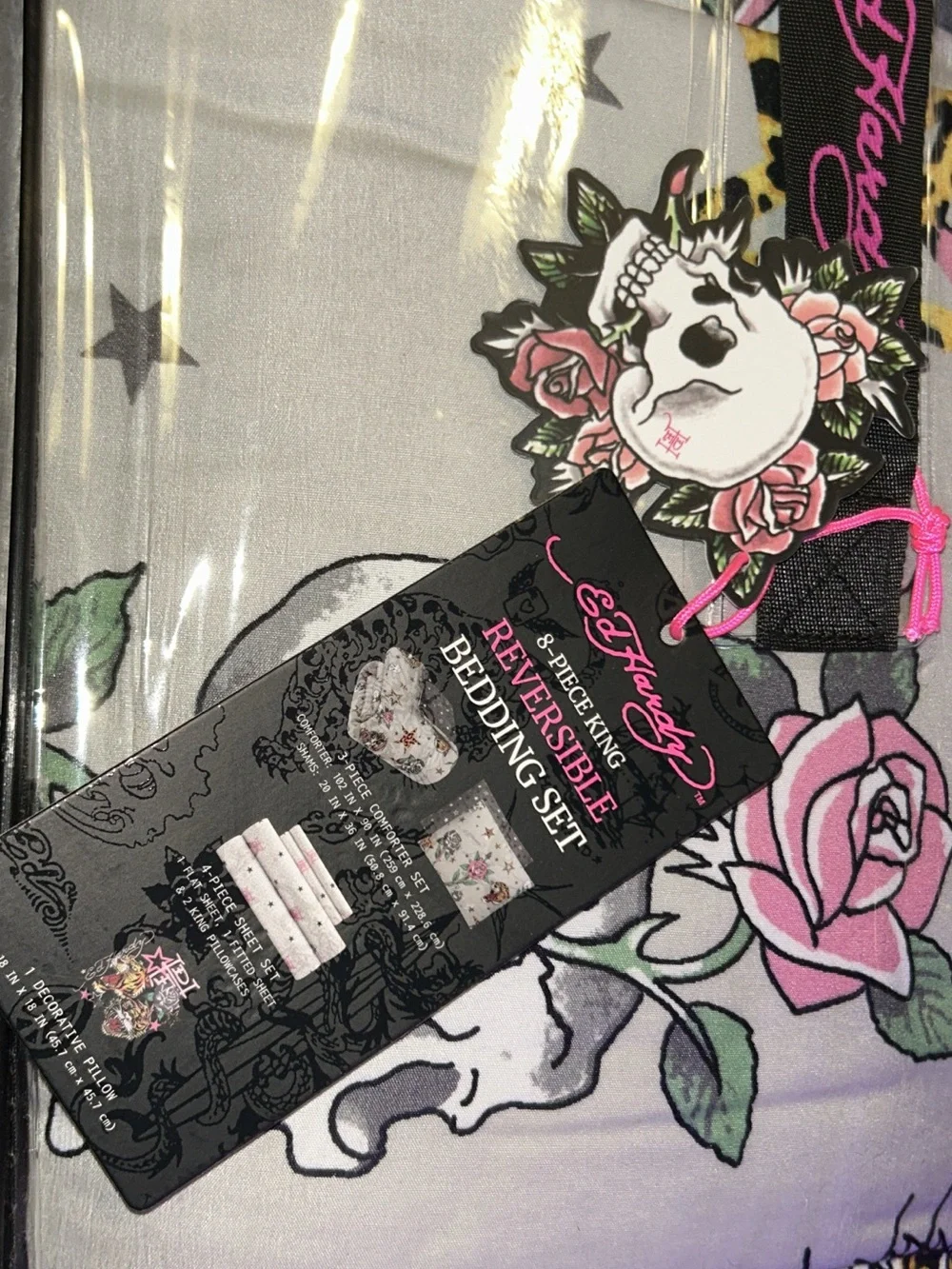 Ed Hardy King Comforter Set in Gray, White, Yellow and Purple